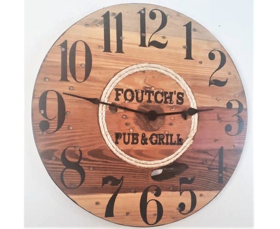 Farmhouse Wood Spool Wall Clock - 20" to 36 IN Round Wooden Clock - Personalized Unique Gift - Industrial Rustic Statement Piece- Custom Art