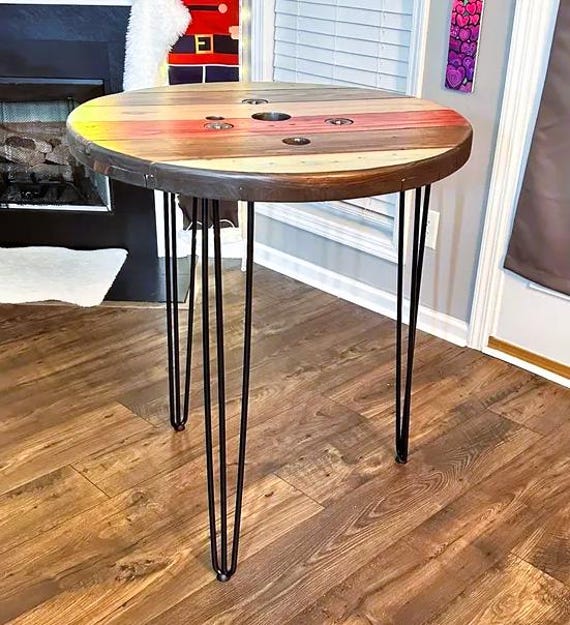 Farmhouse Wood Spool Table - 20" to 36 IN - Hairpin & Pipe Legs - Statement Piece Gift - Round Coffee Side Dining Pub Outdoor Wooden Table
