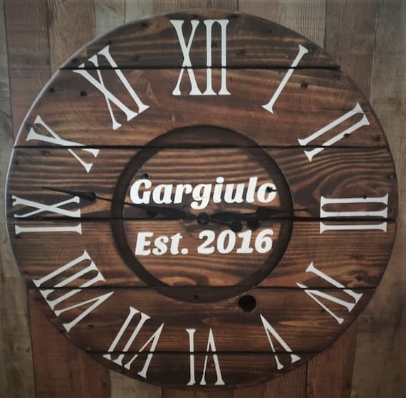 Farmhouse Wood Spool Wall Clock - 20" to 36 IN Round Wooden Clock - Personalized Unique Gift - Industrial Rustic Statement Piece- Custom Art