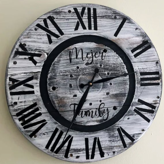 Farmhouse Wood Spool Wall Clock - 20" to 36 IN Round Wooden Clock - Personalized Unique Gift - Industrial Rustic Statement Piece- Custom Art