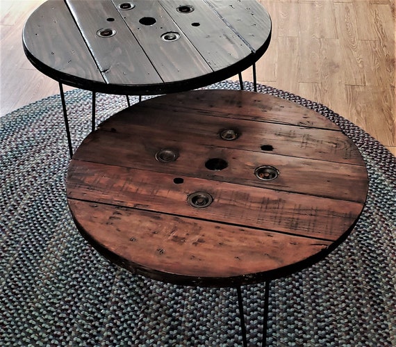 Farmhouse Wood Spool Table - 20" to 36 IN - Hairpin & Pipe Legs - Statement Piece Gift - Round Coffee Side Dining Pub Outdoor Wooden Table