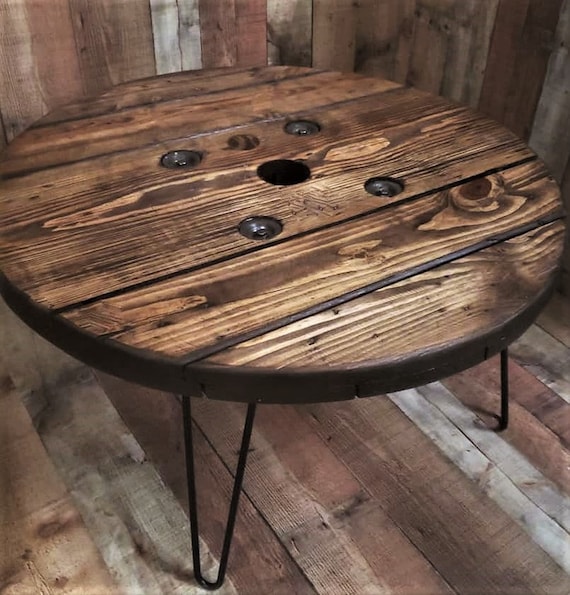 Farmhouse Wood Spool Table - 20" to 36 IN - Hairpin & Pipe Legs - Statement Piece Gift - Round Coffee Side Dining Pub Outdoor Wooden Table