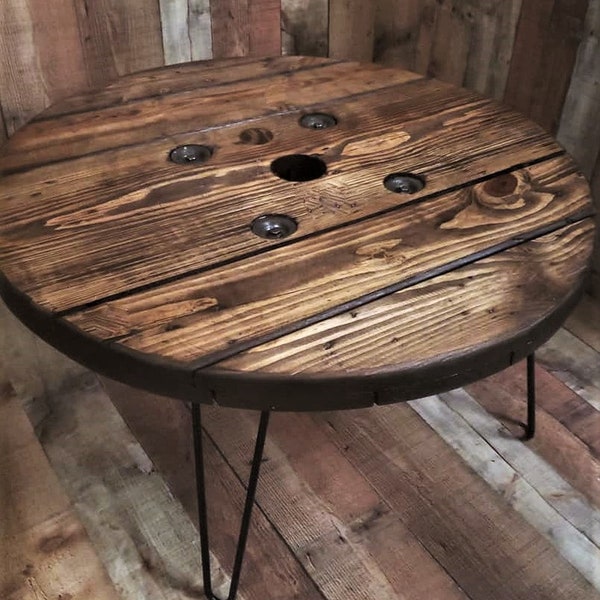 Farmhouse Wood Spool Table - 20" to 36 IN - Hairpin & Pipe Legs - Statement Piece Gift - Round Coffee Side Dining Pub Outdoor Wooden Table