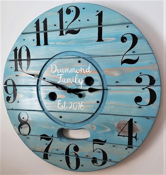 Farmhouse Wood Spool Wall Clock - 20" to 36 IN Round Wooden Clock - Personalized Unique Gift - Industrial Rustic Statement Piece- Custom Art