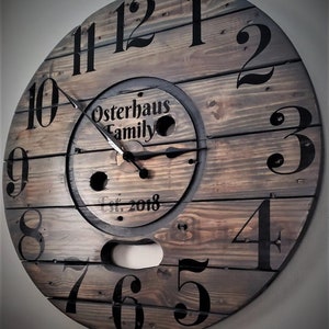 Farmhouse Wood Spool Wall Clock - 20" to 36 IN Round Wooden Clock - Personalized Unique Gift - Industrial Rustic Statement Piece- Custom Art