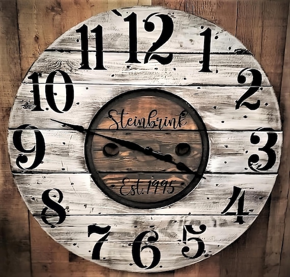 Farmhouse Wood Spool Wall Clock - 20" to 36 IN Round Wooden Clock - Personalized Unique Gift - Industrial Rustic Statement Piece- Custom Art