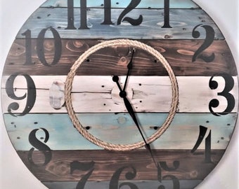 Farmhouse Wood Spool Wall Clock - 20" to 36 IN Round Wooden Clock - Personalized Unique Gift - Industrial Rustic Statement Piece- Custom Art