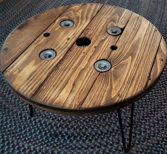 Farmhouse Wood Spool Table - 20" to 36 IN - Hairpin & Pipe Legs - Statement Piece Gift - Round Coffee Side Dining Pub Outdoor Wooden Table