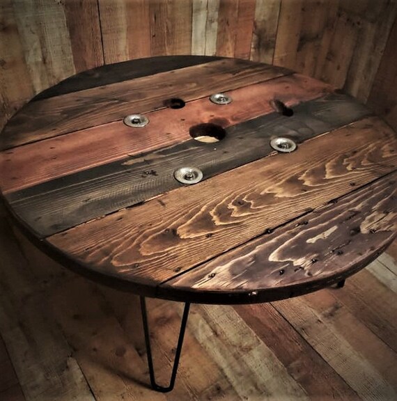 Farmhouse Wood Spool Table - 20" to 36 IN - Hairpin & Pipe Legs - Statement Piece Gift - Round Coffee Side Dining Pub Outdoor Wooden Table