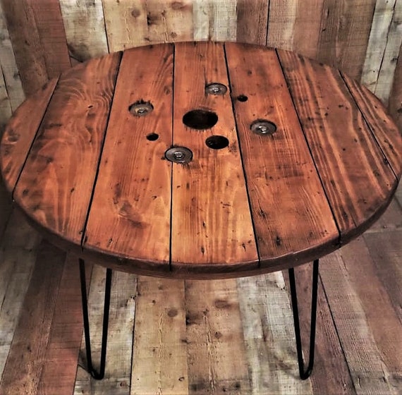 Farmhouse Wood Spool Table - 20" to 36 IN - Hairpin & Pipe Legs - Statement Piece Gift - Round Coffee Side Dining Pub Outdoor Wooden Table