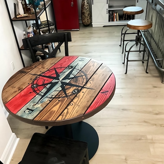 Farmhouse Wood Spool Table - 20" to 36 IN - Hairpin & Pipe Legs - Statement Piece Gift - Round Coffee Side Dining Pub Outdoor Wooden Table