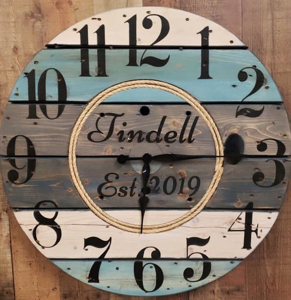 Farmhouse Wood Spool Wall Clock - 20" to 36 IN Round Wooden Clock - Personalized Unique Gift - Industrial Rustic Statement Piece- Custom Art
