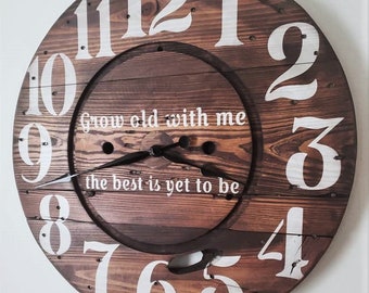 Farmhouse Wood Spool Wall Clock - 20" to 36 IN Round Wooden Clock - Personalized Unique Gift - Industrial Rustic Statement Piece- Custom Art