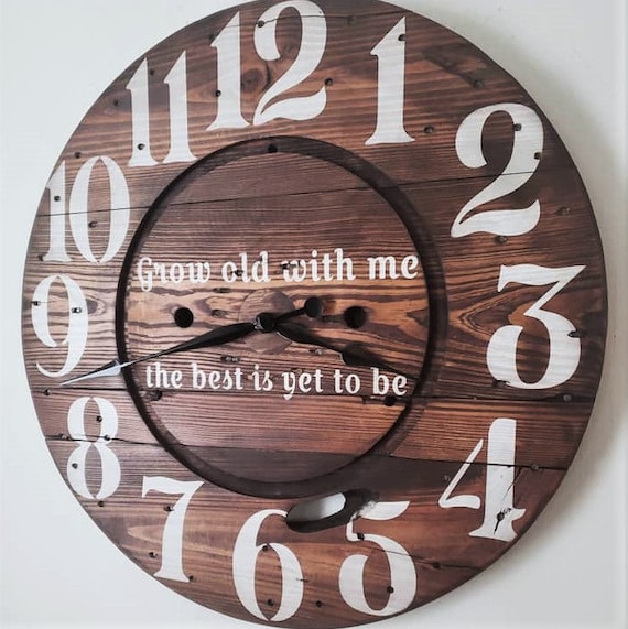 Farmhouse Wood Spool Wall Clock - 20" to 36 IN Round Wooden Clock - Personalized Unique Gift - Industrial Rustic Statement Piece- Custom Art