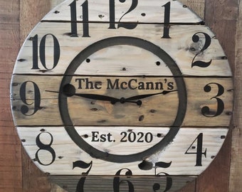 Farmhouse Wood Spool Wall Clock - 20" to 36 IN Round Wooden Clock - Personalized Unique Gift - Industrial Rustic Statement Piece- Custom Art