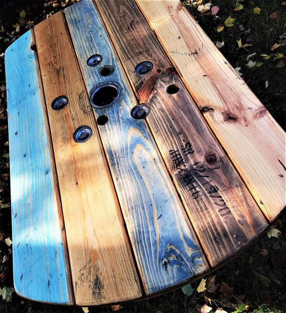 Farmhouse Wood Spool Rectangle Table - 36" to 48 IN - Hairpin & Pipe Legs - Statement Piece Gift - Coffee Dining Pub Outdoor Wooden Table