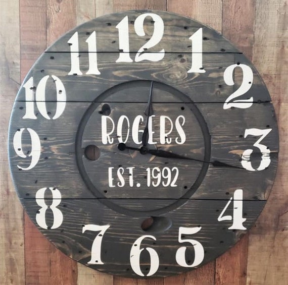 Farmhouse Wood Spool Wall Clock - 20" to 36 IN Round Wooden Clock - Personalized Unique Gift - Industrial Rustic Statement Piece- Custom Art