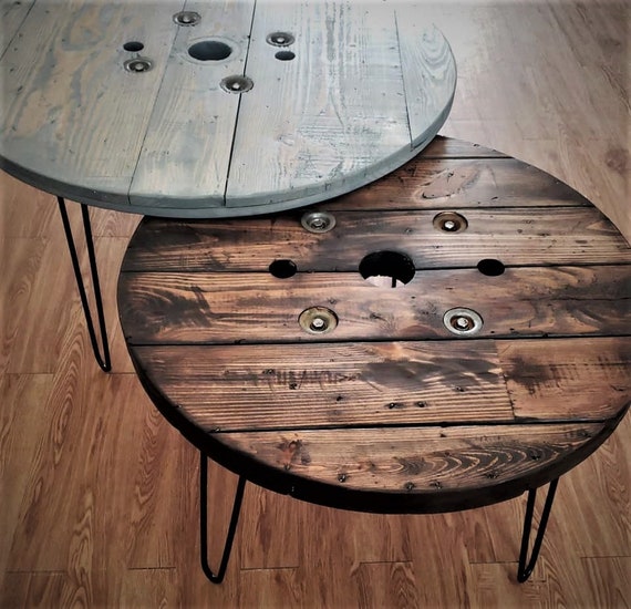 Farmhouse Wood Spool Table - 20" to 36 IN - Hairpin & Pipe Legs - Statement Piece Gift - Round Coffee Side Dining Pub Outdoor Wooden Table