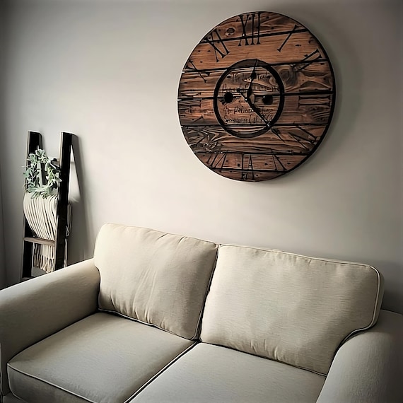 Farmhouse Wood Spool Wall Clock - 20" to 36 IN Round Wooden Clock - Personalized Unique Gift - Industrial Rustic Statement Piece- Custom Art