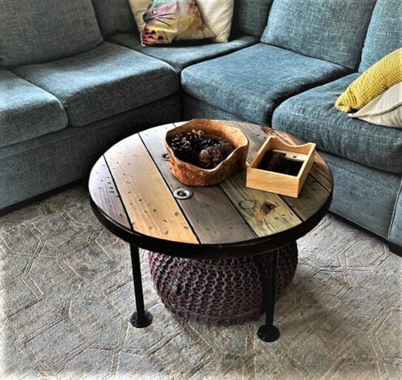 Farmhouse Wood Spool Table - 20" to 36 IN - Hairpin & Pipe Legs - Statement Piece Gift - Round Coffee Side Dining Pub Outdoor Wooden Table