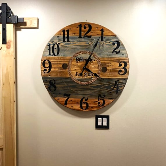 Farmhouse Wood Spool Wall Clock - 20" to 36 IN Round Wooden Clock - Personalized Unique Gift - Industrial Rustic Statement Piece- Custom Art