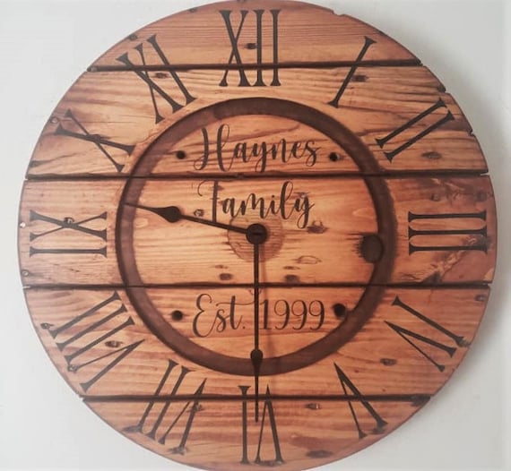 Farmhouse Wood Spool Wall Clock - 20" to 36 IN Round Wooden Clock - Personalized Unique Gift - Industrial Rustic Statement Piece- Custom Art