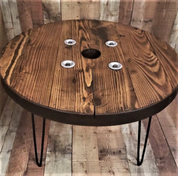Farmhouse Wood Spool Table - 20" to 36 IN - Hairpin & Pipe Legs - Statement Piece Gift - Round Coffee Side Dining Pub Outdoor Wooden Table