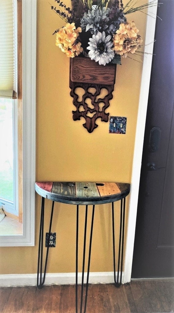 Farmhouse Wood Spool Half Table - 20" to 36 IN - Hairpin & Pipe Legs -  Statement Piece Gift - End Side Dining Indoor Outdoor Wooden Table