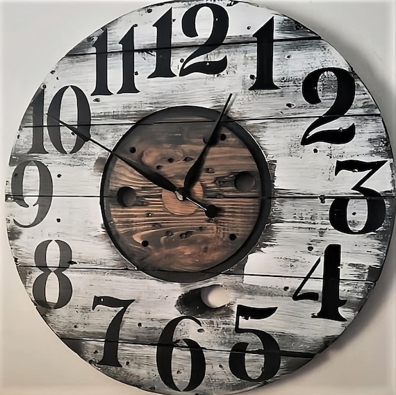 Farmhouse Wood Spool Wall Clock - 20" to 36 IN Round Wooden Clock - Personalized Unique Gift - Industrial Rustic Statement Piece- Custom Art