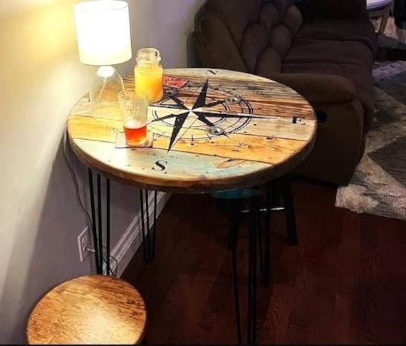 Farmhouse Wood Spool Table - 20" to 36 IN - Hairpin & Pipe Legs - Statement Piece Gift - Round Coffee Side Dining Pub Outdoor Wooden Table