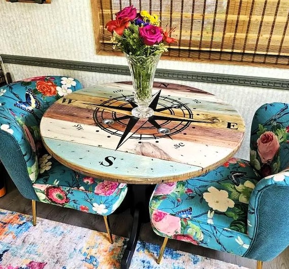 Rustic Spool Wood Round Table – 20" to 36" – Hairpin or Pipe Legs – Coffee Side Dining Pub Outdoor Table – Farmhouse Industrial Decor