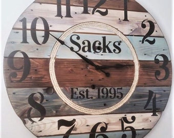 Farmhouse Wood Spool Wall Clock - 20" to 36 IN Round Wooden Clock - Personalized Unique Gift - Industrial Rustic Statement Piece- Custom Art