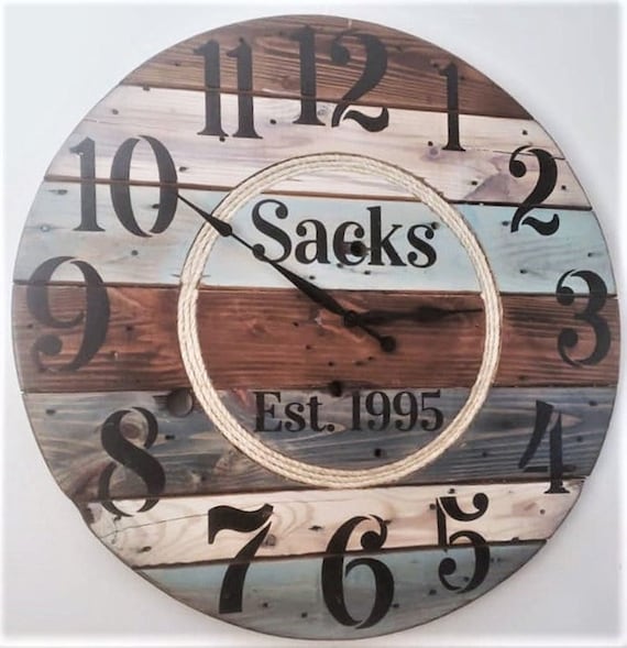 Farmhouse Wood Spool Wall Clock - 20" to 36 IN Round Wooden Clock - Personalized Unique Gift - Industrial Rustic Statement Piece- Custom Art