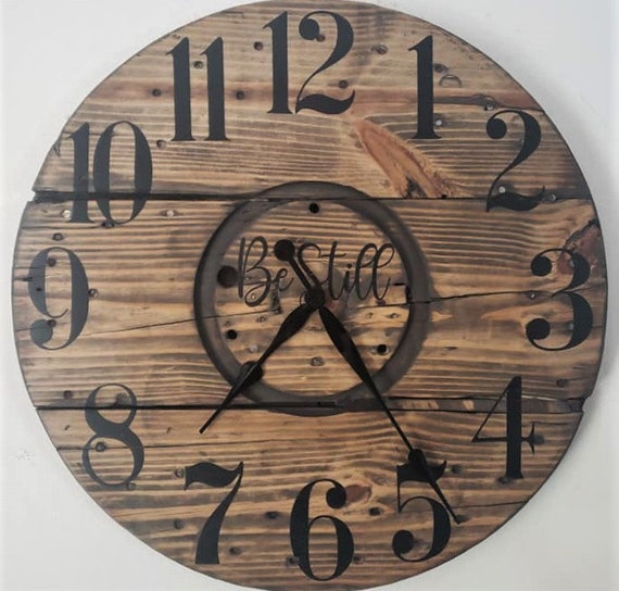 Farmhouse Wood Spool Wall Clock - 20" to 36 IN Round Wooden Clock - Personalized Unique Gift - Industrial Rustic Statement Piece- Custom Art