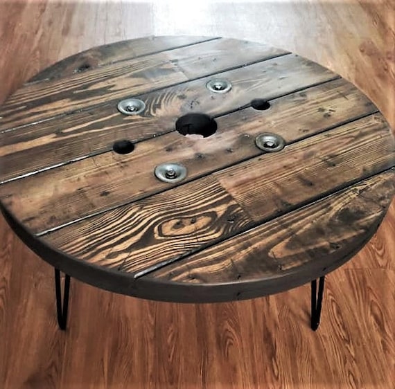 Farmhouse Wood Spool Table - 20" to 36 IN - Hairpin & Pipe Legs - Statement Piece Gift - Round Coffee Side Dining Pub Outdoor Wooden Table