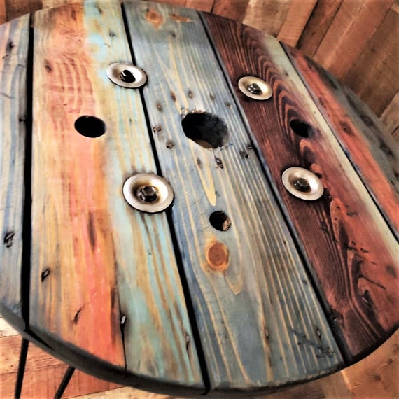 Farmhouse Wood Spool Table - 20" to 36 IN - Hairpin & Pipe Legs - Statement Piece Gift - Round Coffee Side Dining Pub Outdoor Wooden Table