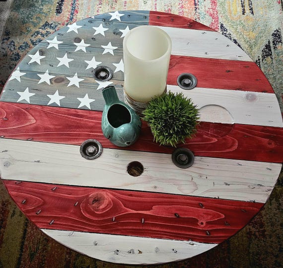 Farmhouse Wood Spool Table - 20" to 36 IN - Hairpin & Pipe Legs - Statement Piece Gift - Round Coffee Side Dining Pub Outdoor Wooden Table