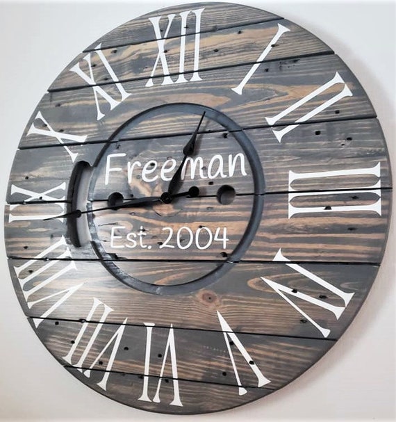 Farmhouse Wood Spool Wall Clock - 20" to 36 IN Round Wooden Clock - Personalized Unique Gift - Industrial Rustic Statement Piece- Custom Art