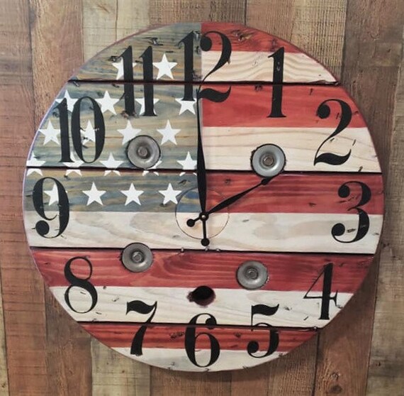 Farmhouse Wood Spool Wall Clock - 20" to 36 IN Round Wooden Clock - Personalized Unique Gift - Industrial Rustic Statement Piece- Custom Art