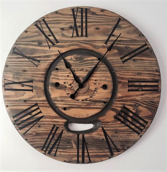 Farmhouse Wood Spool Wall Clock - 20" to 36 IN Round Wooden Clock - Personalized Unique Gift - Industrial Rustic Statement Piece- Custom Art