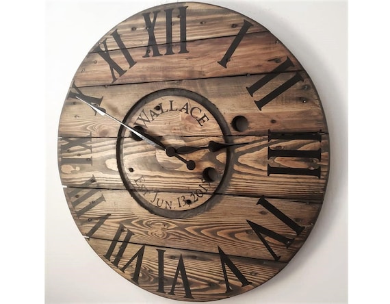 Farmhouse Wood Spool Wall Clock - 20" to 36 IN Round Wooden Clock - Personalized Unique Gift - Industrial Rustic Statement Piece- Custom Art