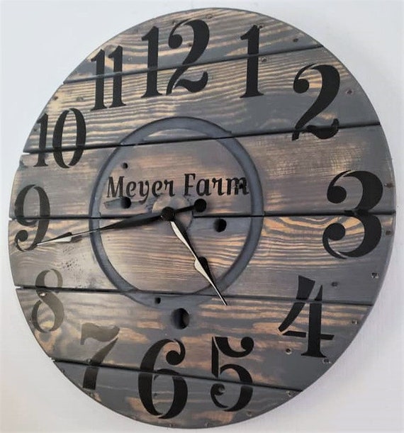 Farmhouse Wood Spool Wall Clock - 20" to 36 IN Round Wooden Clock - Personalized Unique Gift - Industrial Rustic Statement Piece- Custom Art
