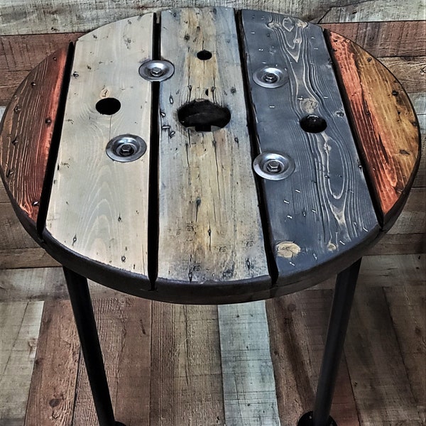 Farmhouse Wood Spool Table - 20" to 36 IN - Hairpin & Pipe Legs - Statement Piece Gift - Round Coffee Side Dining Pub Outdoor Wooden Table