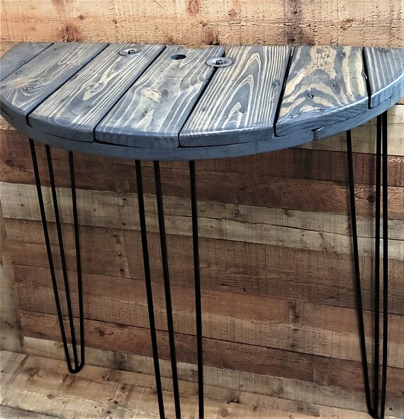 Farmhouse Wood Spool Half Table - 20" to 36 IN - Hairpin & Pipe Legs -  Statement Piece Gift - End Side Dining Indoor Outdoor Wooden Table