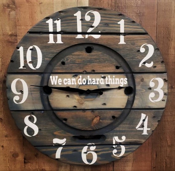 Farmhouse Wood Spool Wall Clock - 20" to 36 IN Round Wooden Clock - Personalized Unique Gift - Industrial Rustic Statement Piece- Custom Art