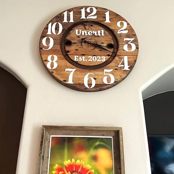 Farmhouse Wood Spool Wall Clock - 20" to 36 IN Round Wooden Clock - Personalized Unique Gift - Industrial Rustic Statement Piece- Custom Art