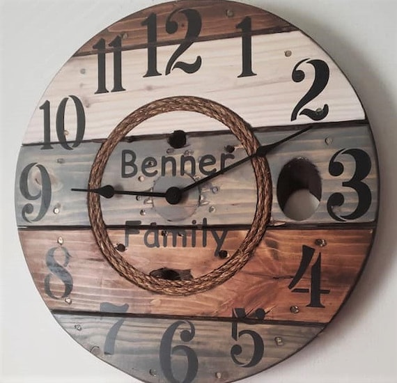 Farmhouse Wood Spool Wall Clock - 20" to 36 IN Round Wooden Clock - Personalized Unique Gift - Industrial Rustic Statement Piece- Custom Art