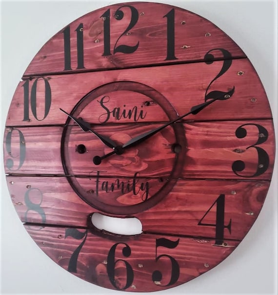 Farmhouse Wood Spool Wall Clock - 20" to 36 IN Round Wooden Clock - Personalized Unique Gift - Industrial Rustic Statement Piece- Custom Art