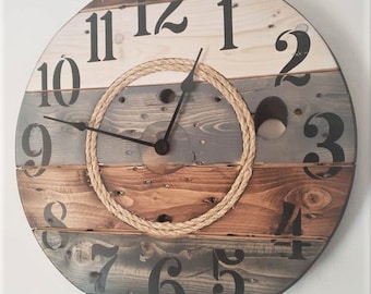 Farmhouse Wood Spool Wall Clock - 20" to 36 IN Round Wooden Clock - Personalized Unique Gift - Industrial Rustic Statement Piece- Custom Art