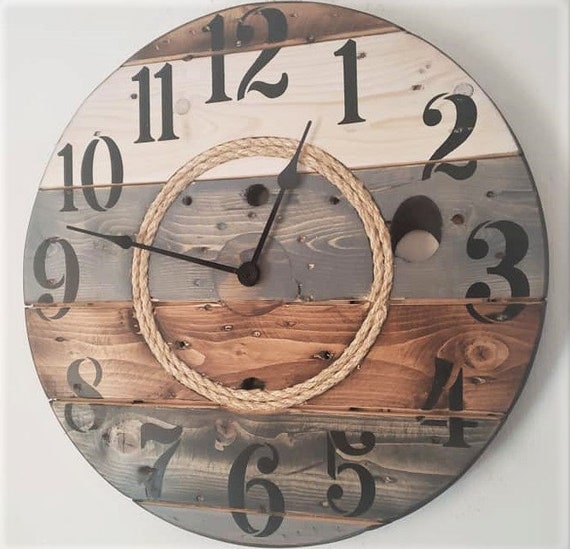 Farmhouse Wood Spool Wall Clock - 20" to 36 IN Round Wooden Clock - Personalized Unique Gift - Industrial Rustic Statement Piece- Custom Art